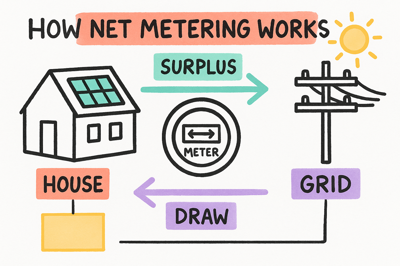 Solar makes power. Net metering sells the extra.